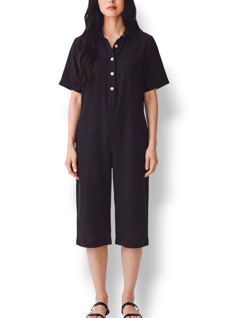 4/$20 VONDA Black Cropped Jumpsuit Small Collared Short Sleeve Button Front